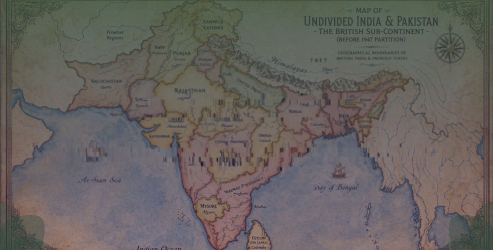 Map of undivided India and Pakistan before the 1947 partition